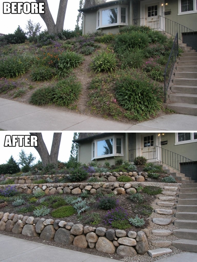 Before-and-after image of an overgrown front yard slope changed into terraced garden beds held by stone retaining walls.