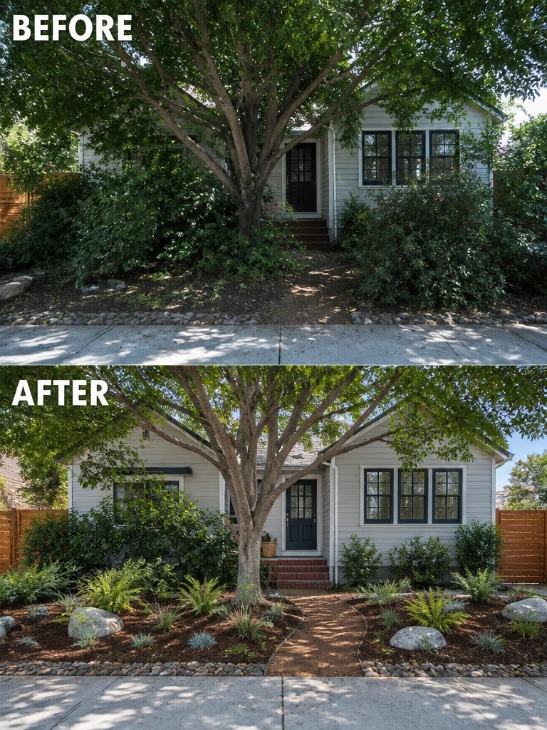 Before and after of white house front yard with tree, plants and mulch landscaping