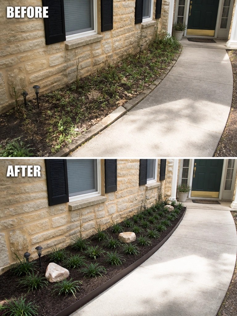 Before and after of overgrown garden bed mulched with plants along stone house walkway.