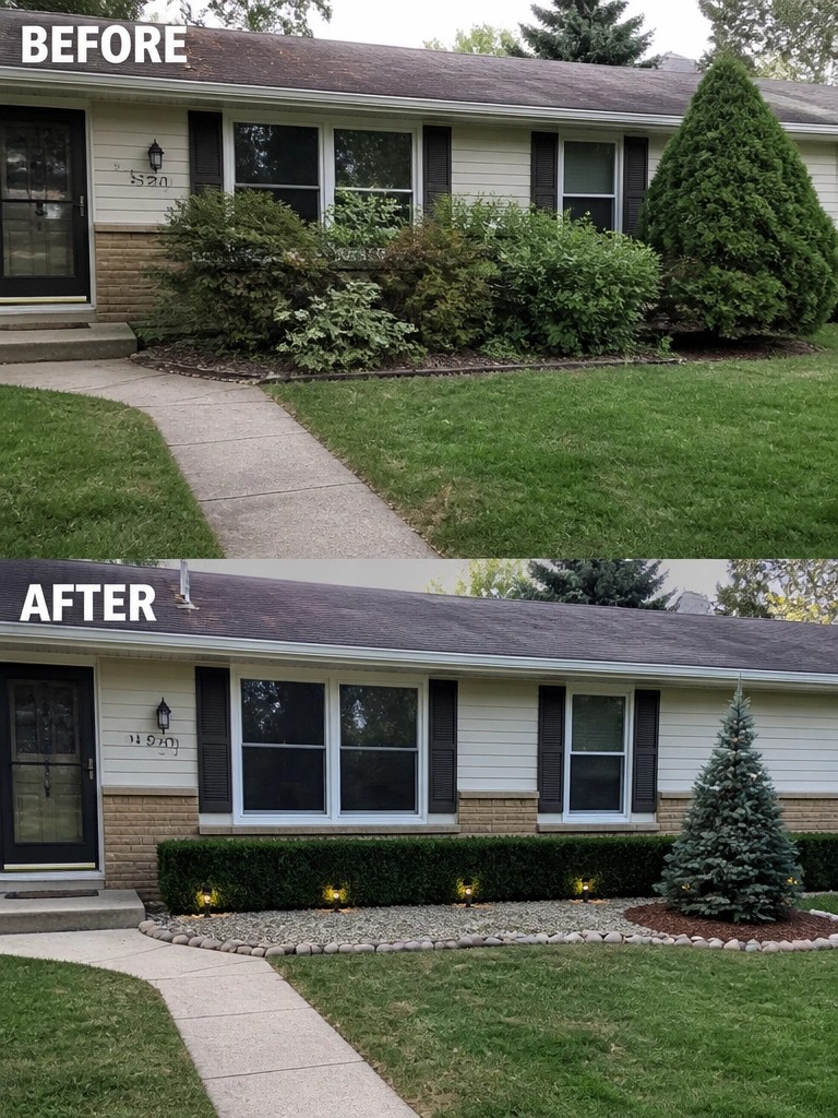 Before and after house landscaping with trimmed hedges, lights, and new tree.