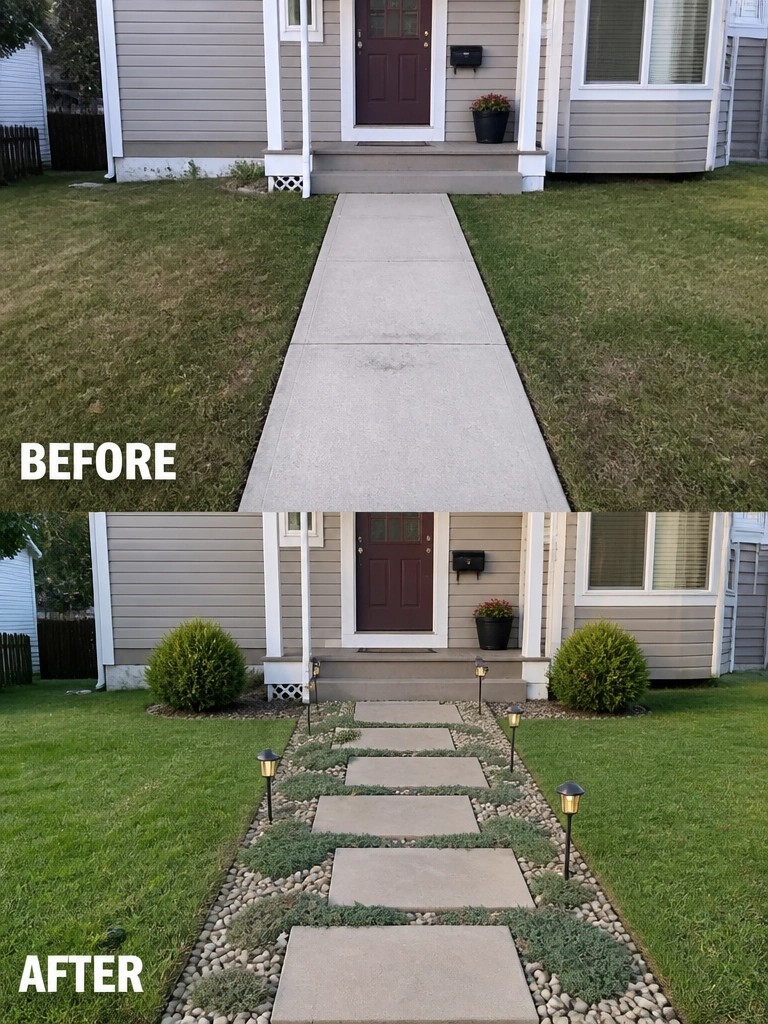 Before-and-after image of a solid concrete walkway changed into a paver path with gravel borders, low plants, and small lights.