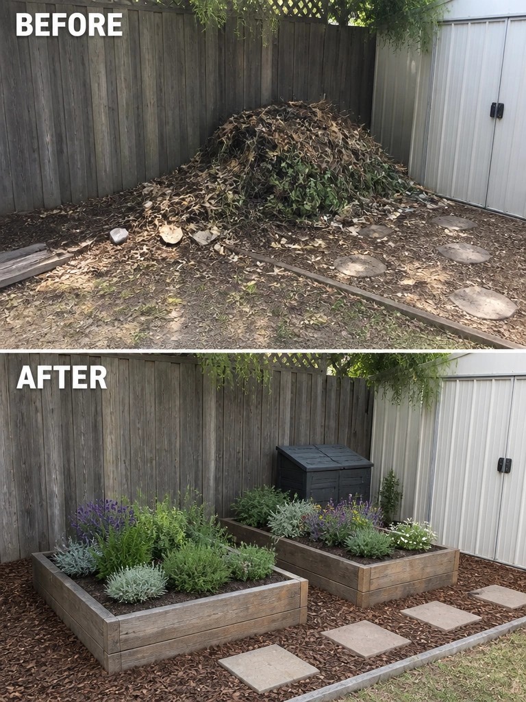 Before messy leaf pile and after raised garden beds with flowers in yard