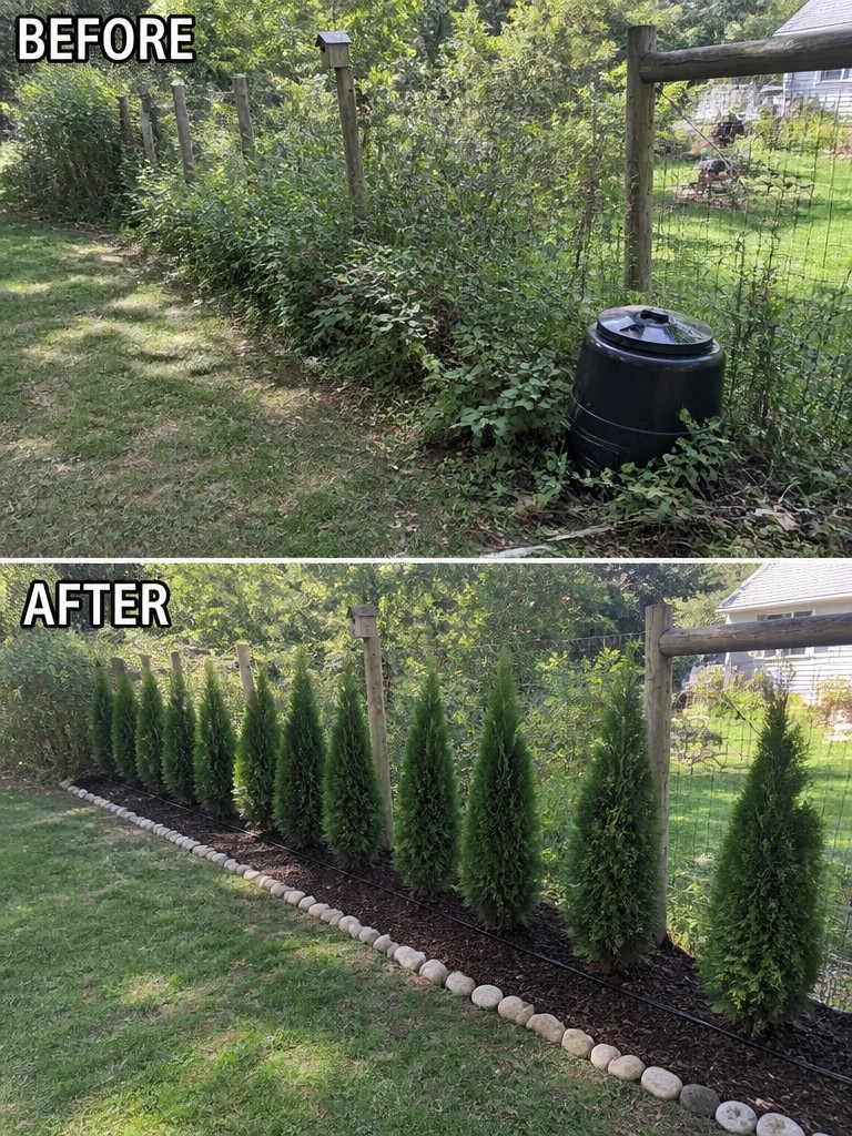 Before-and-after image of an overgrown fence line changed into a neat row of evergreen shrubs with mulch and stone edging.