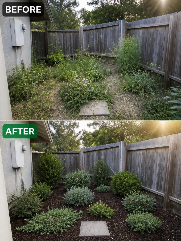 Before-and-after image of an overgrown backyard changed into a landscaped area with mulch beds and arranged shrubs.