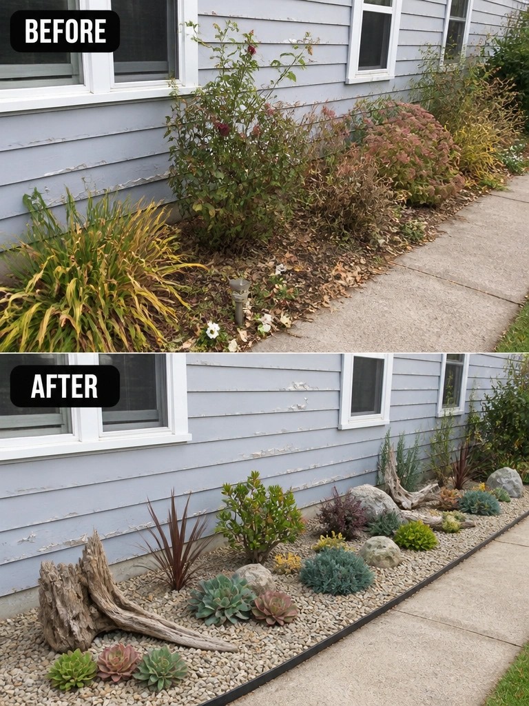 Before-and-after image of an overgrown garden bed along a house changed into a clean gravel border with rocks and succulents.