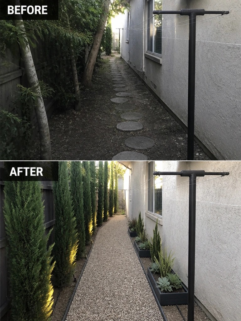 Before and after of narrow walkway transformed from dirt path to gravel with trees and planters.