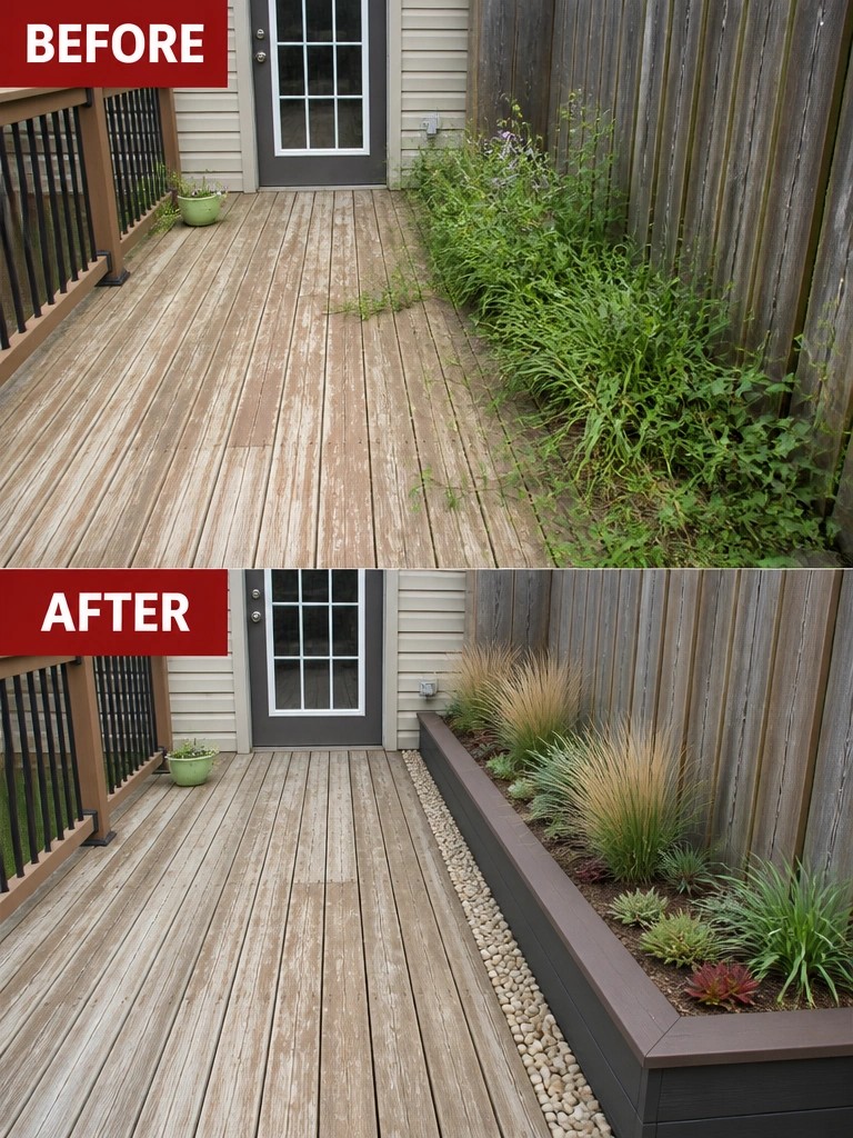 Before-and-after image of an overgrown deck edge changed into a neat raised garden bed with gravel border and low-maintenance plants.