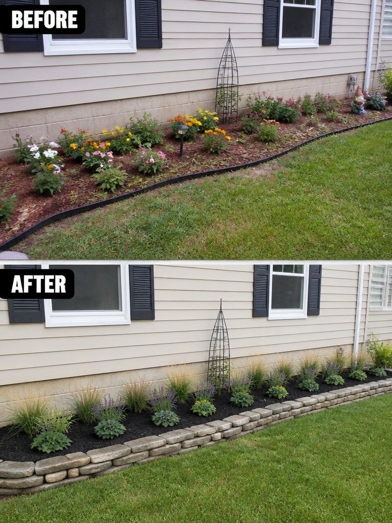 Before-and-after garden bed with flowers replaced by grasses and stone edging