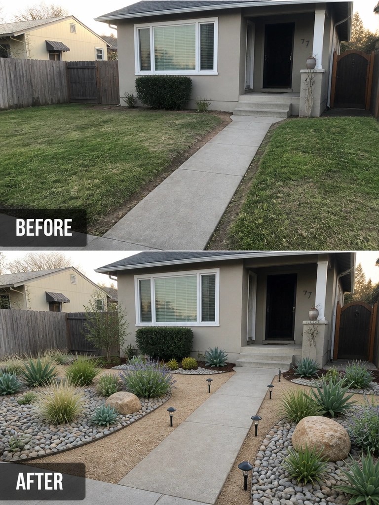 Before-and-after image of a front yard where a plain lawn is replaced with gravel beds, rocks, succulents, and path lighting.