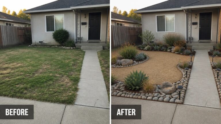 22 Practical Landscaping Before and After Ideas for Low Maintenance Yards Before-and-after image of a front yard where a plain lawn is replaced with gravel beds, rocks, succulents, and path lighting.