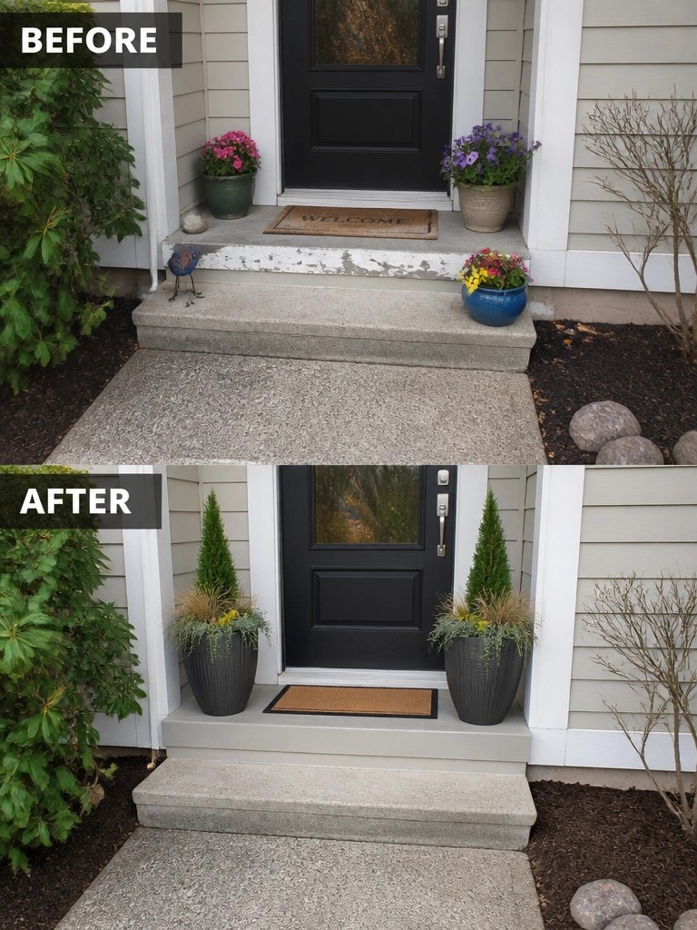 Before and after house entrance with new planters, painted steps, and black door