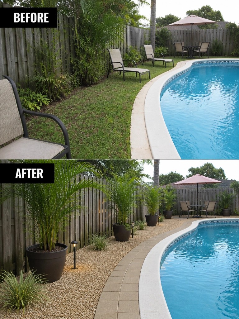 Before and after backyard pool landscaping with gravel, potted plants, and lights.
