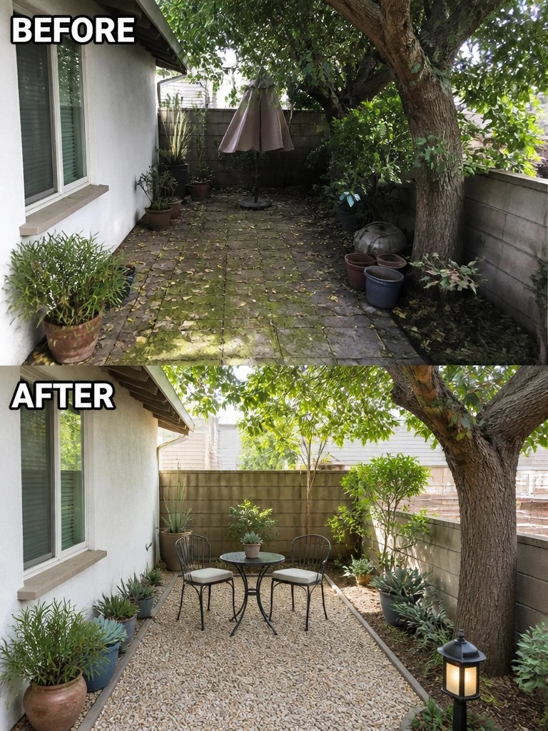 Before-and-after image of a small backyard patio with moss-covered pavers changed to a gravel surface with added seating and rearranged plants.