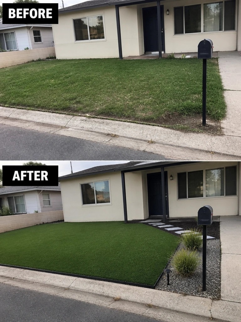 Before-and-after yard renovation replacing grass with artificial turf and gravel landscaping.