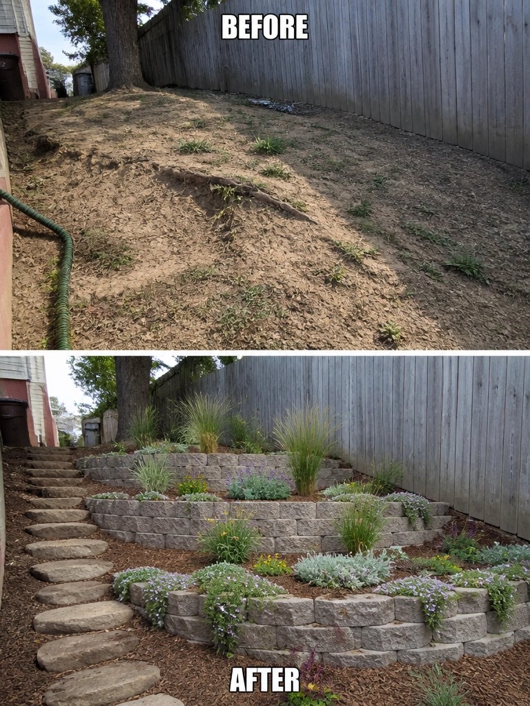 Before-and-after image of a bare dirt slope changed into a terraced garden using stacked stone retaining walls, planted beds, and a stone pathway.