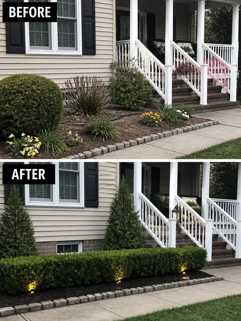 Before-and-after image of a front yard where scattered foundation shrubs were replaced with a long low hedge and small landscape lights.