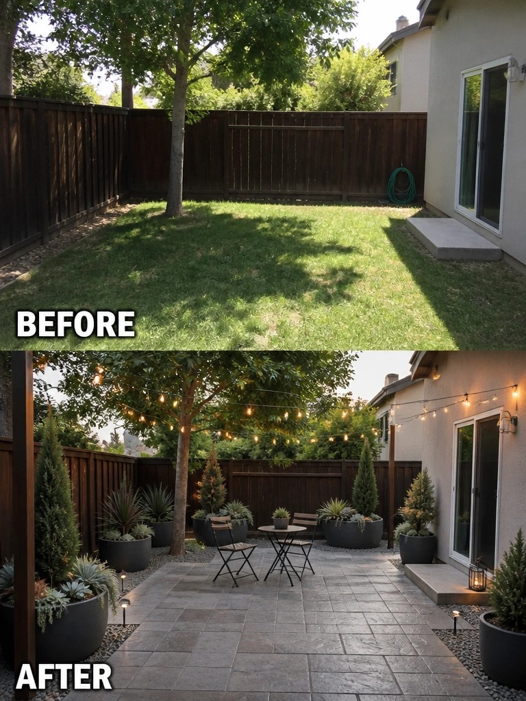 Before grassy yard and after patio with potted plants, lights, and seating