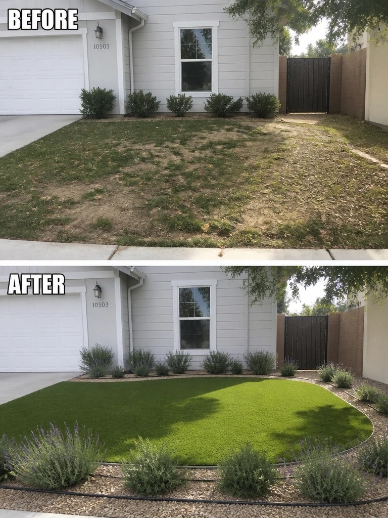 Before-and-after image of a patchy front lawn changed into a neat green turf area with gravel edging and added border plants.