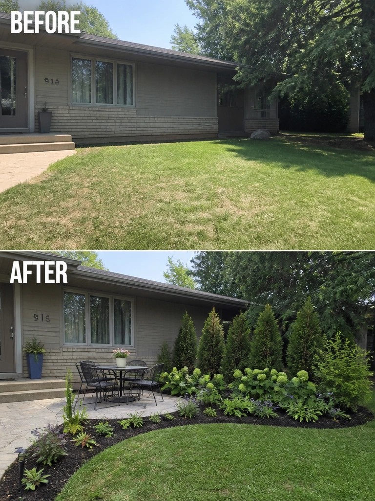 Before and after of house with new garden landscaping, patio, and shrubs.