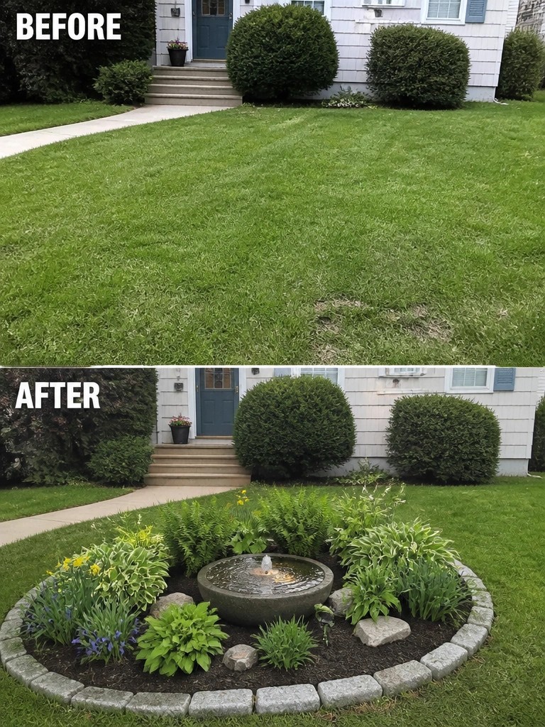 Before and after of plain lawn transformed into circular garden with fountain.