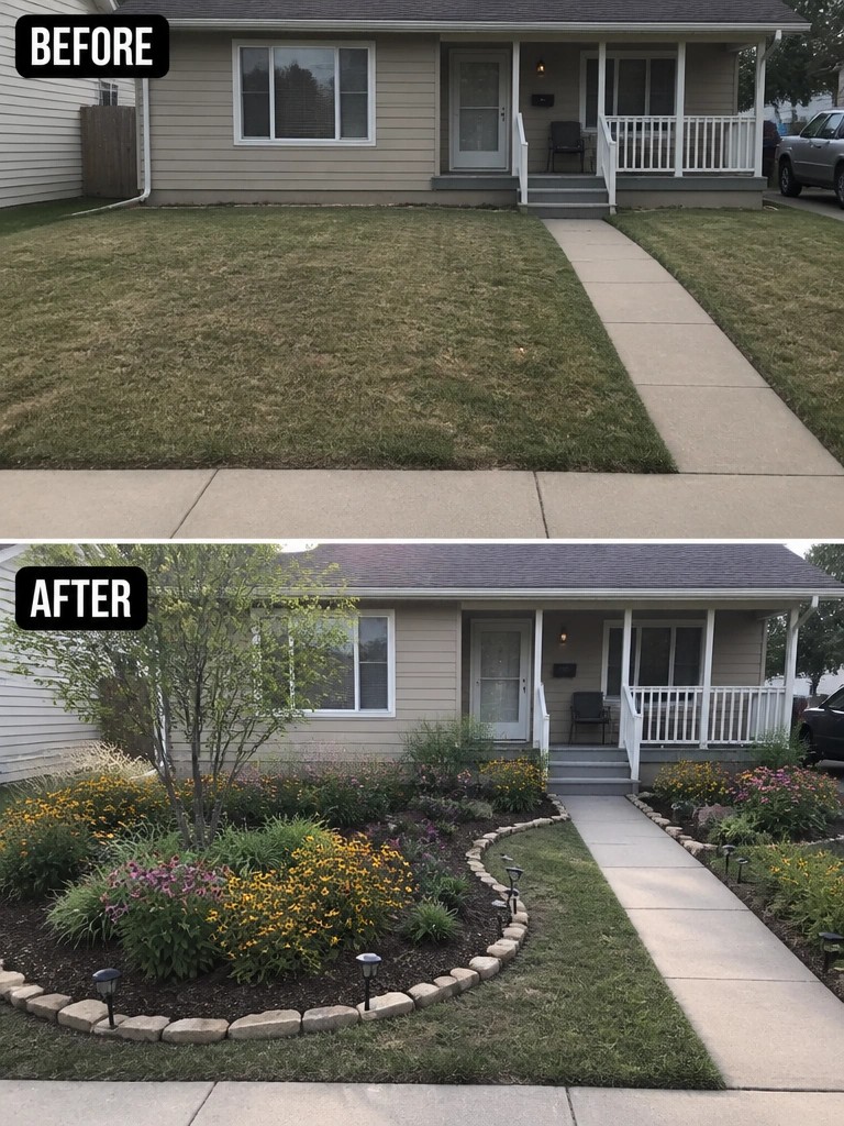 Before and after of a front yard with added flower beds, rocks, and landscaping.