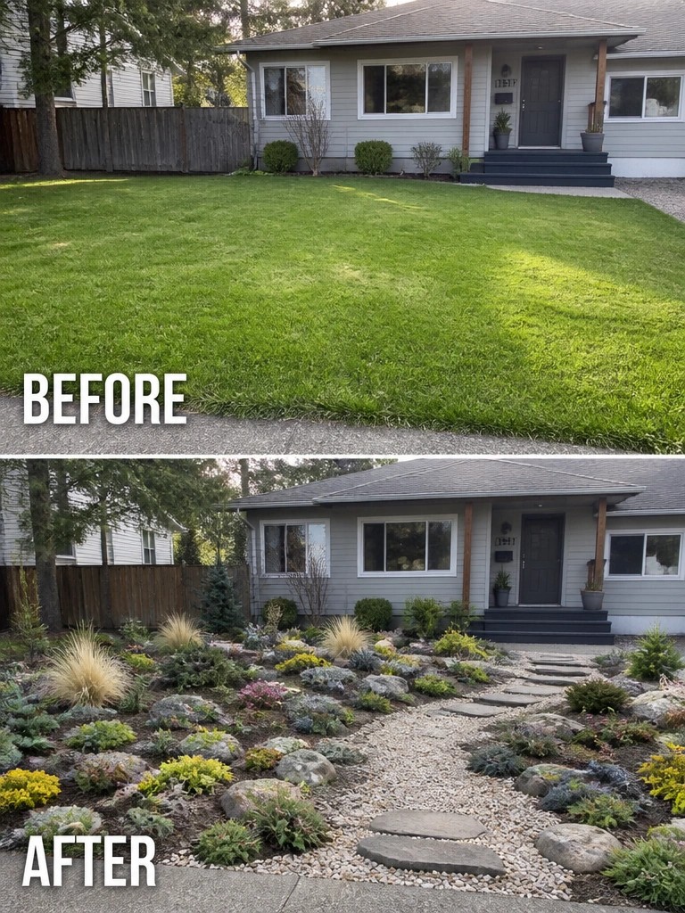 Before and after of house yard: green lawn transformed into rock garden with path