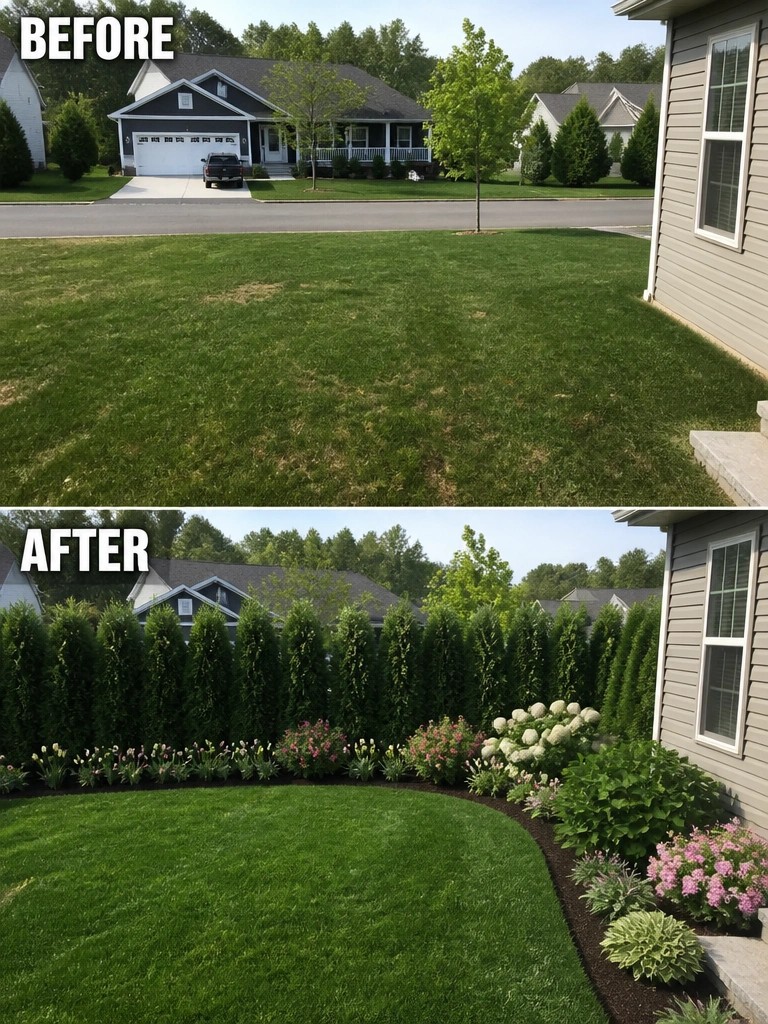 Before and after of plain lawn transformed into hedged garden with colorful flowers