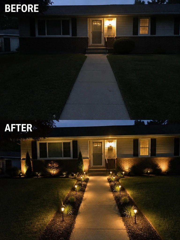 Before and after house with added pathway and landscape lighting at dusk