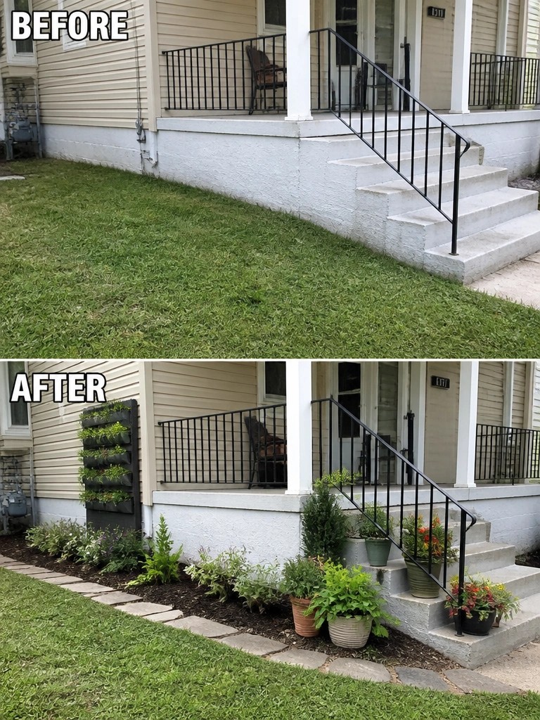 Before-and-after image of a front yard showing a plain lawn changed into one with defined garden beds, pavers, and added potted plants along the porch steps.