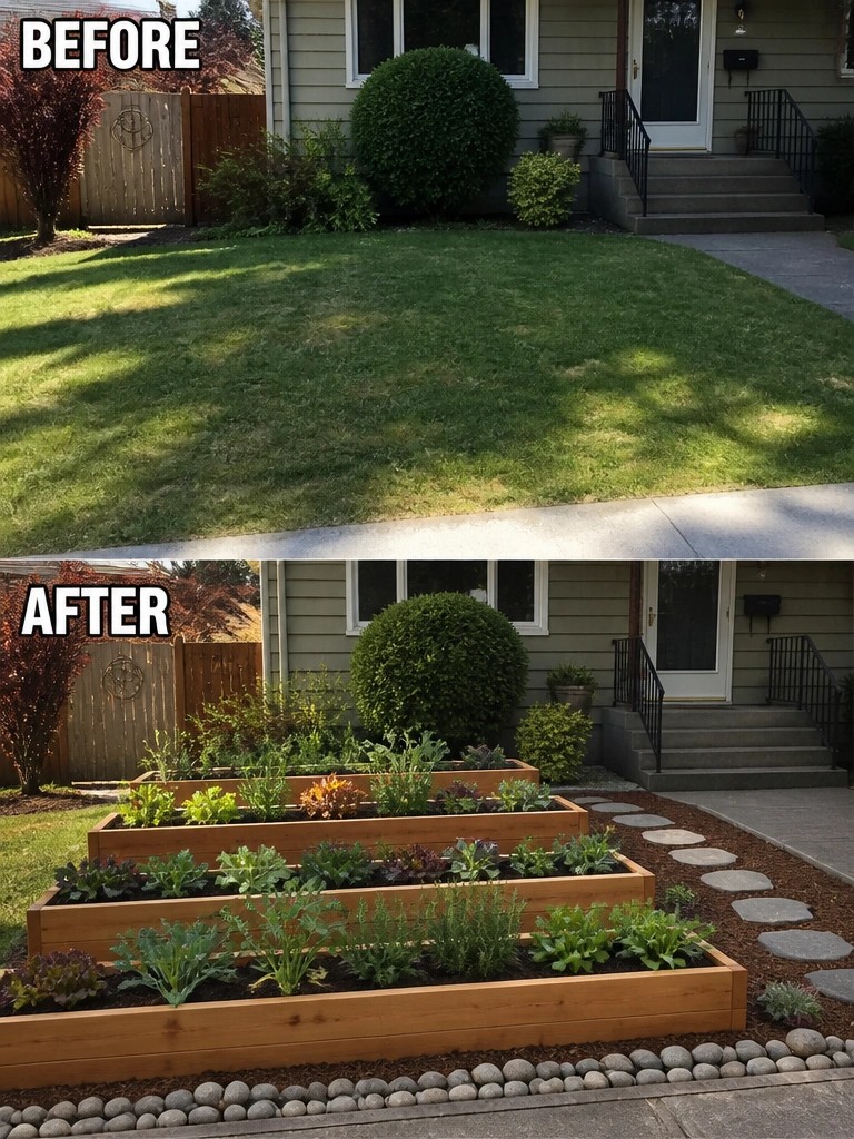 Before and after of lawn replaced by raised wooden vegetable garden beds and path.