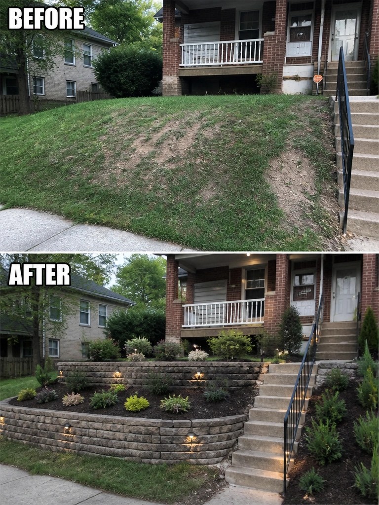 Before and after of sloped yard transformed with stone retaining walls and landscaping.