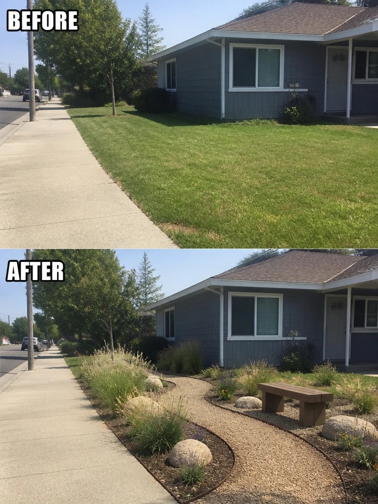 Before and after of house yard: lawn replaced by gravel path, plants, bench.