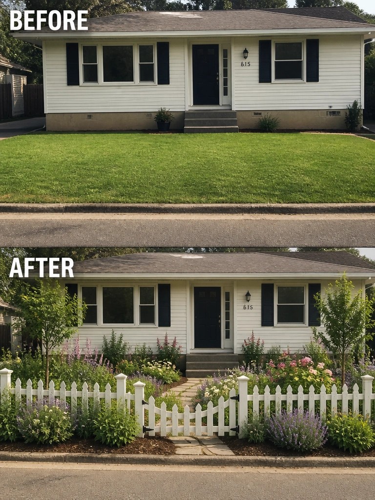 Before-and-after image of a plain front lawn changed into a landscaped yard with defined garden beds, a white picket fence, and new plantings.