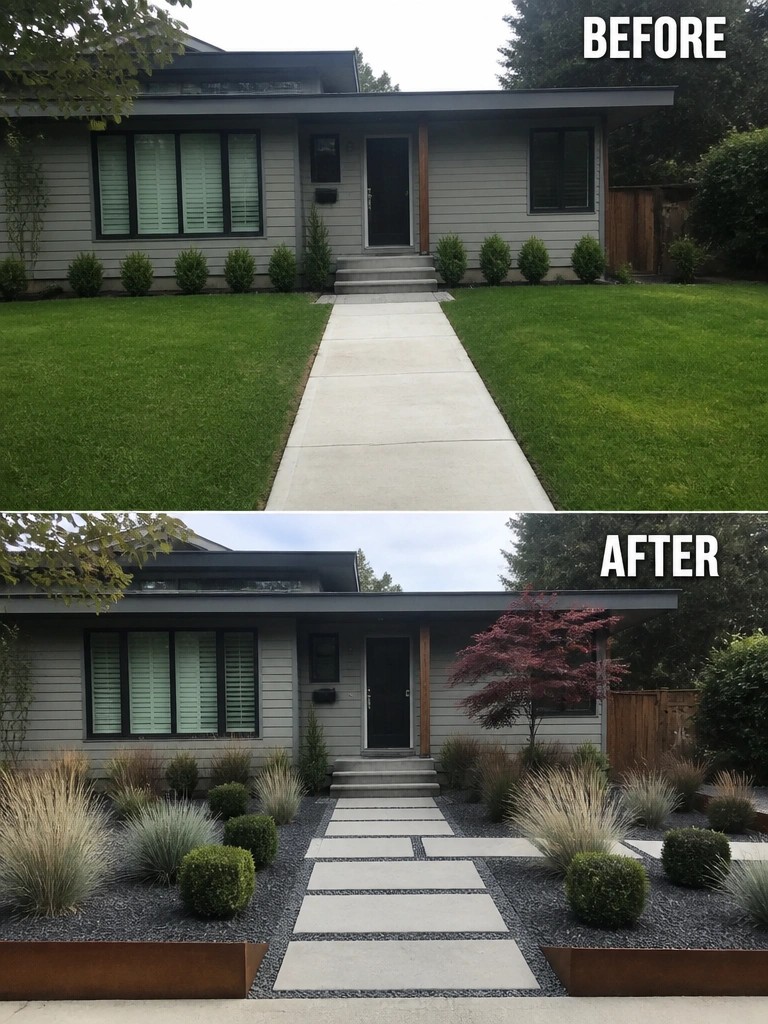 Before-and-after image of a front yard where a plain lawn and solid concrete path were replaced with gravel beds, planted borders, and a stepping stone walkway.