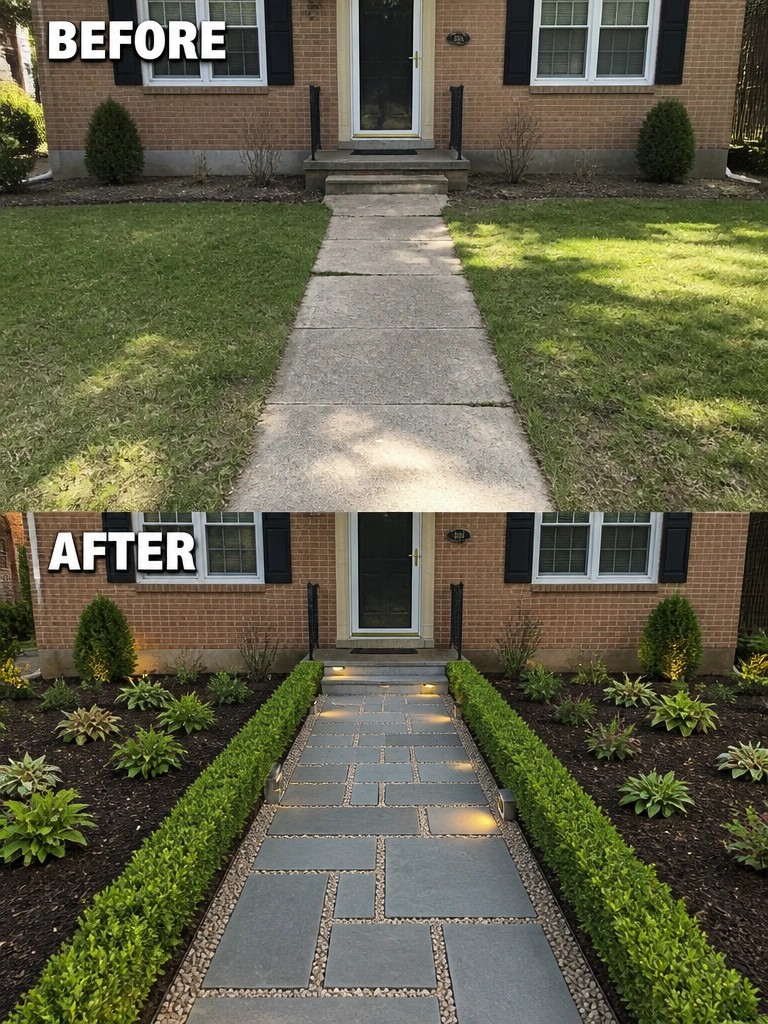Before and after of brick house with new stone walkway and landscaped gardens.