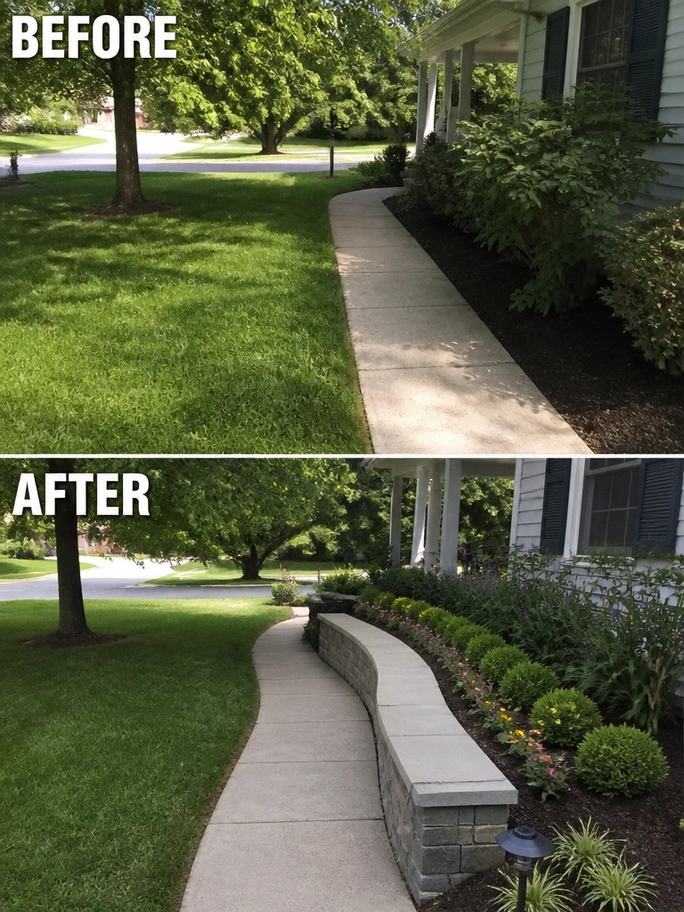 Before-and-after sidewalk with lawn, curved stone wall, and colorful garden beds.