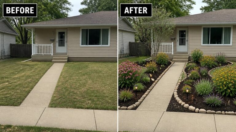 21 Smart Front Yard Transformation Ideas for Plain Lawns Before and after of a front yard with added flower beds, rocks, and landscaping.