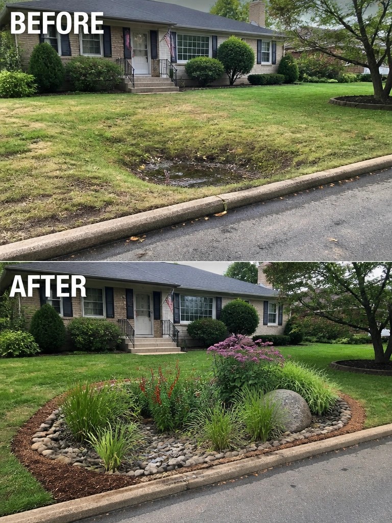 Before and after of house front yard: muddy lawn transformed into landscaped rock garden with plants.