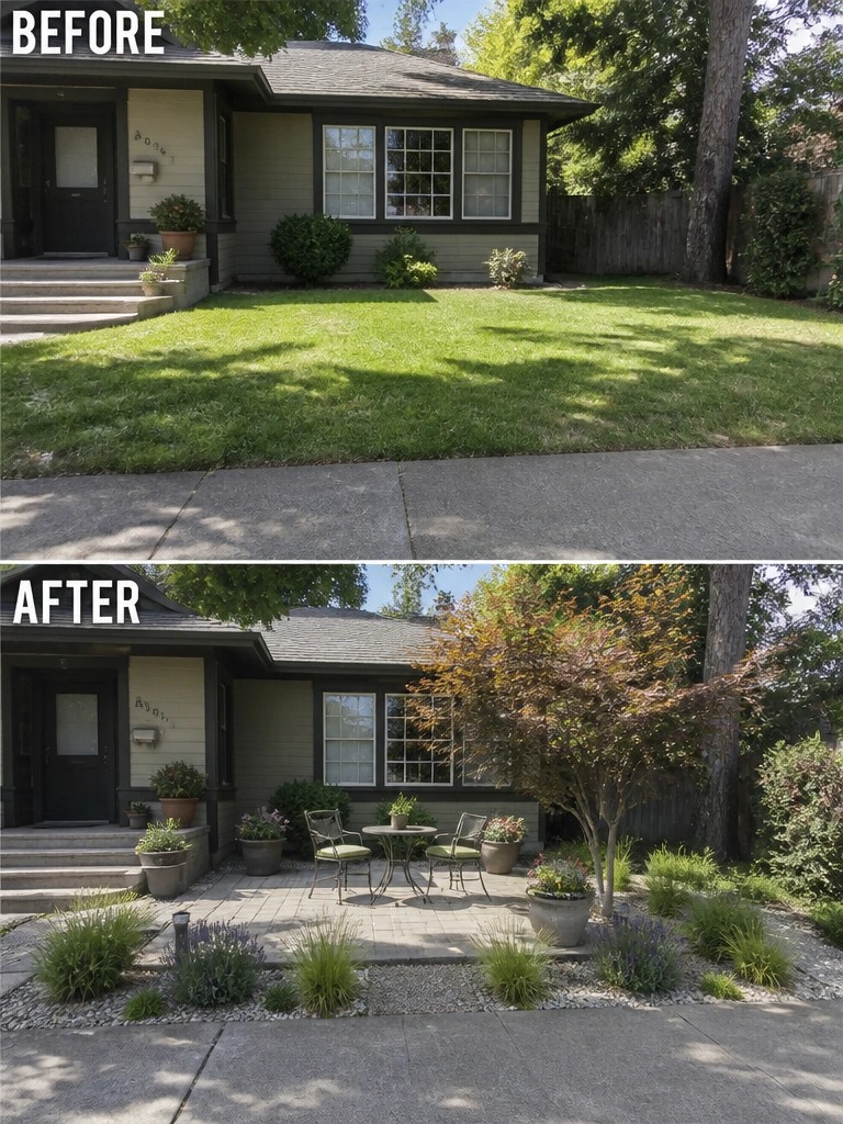 Before-and-after image of a plain front lawn changed into a landscaped area with a patio, seating, and planted borders.