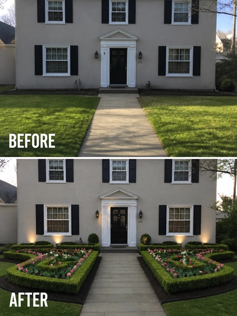 Before-and-after view of house with added flower beds and pathway lights.