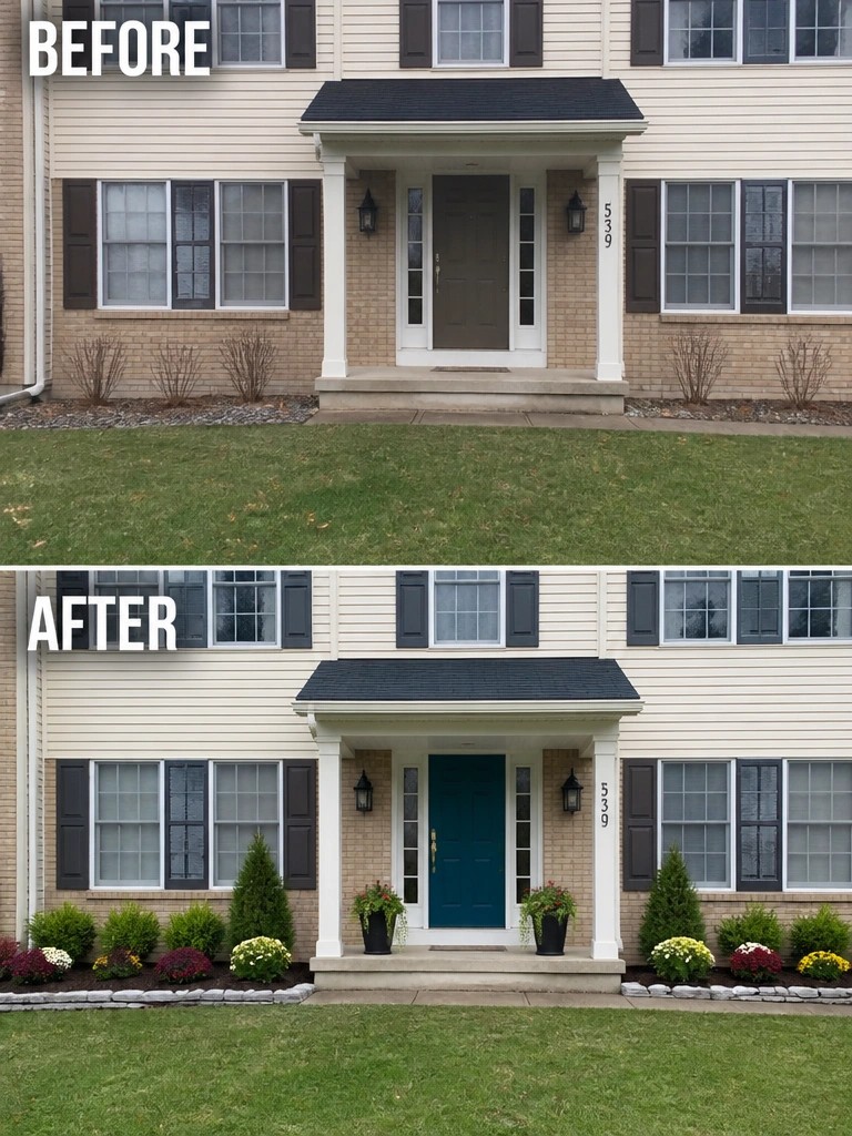 Before-and-after house entrance with teal door and added landscaping