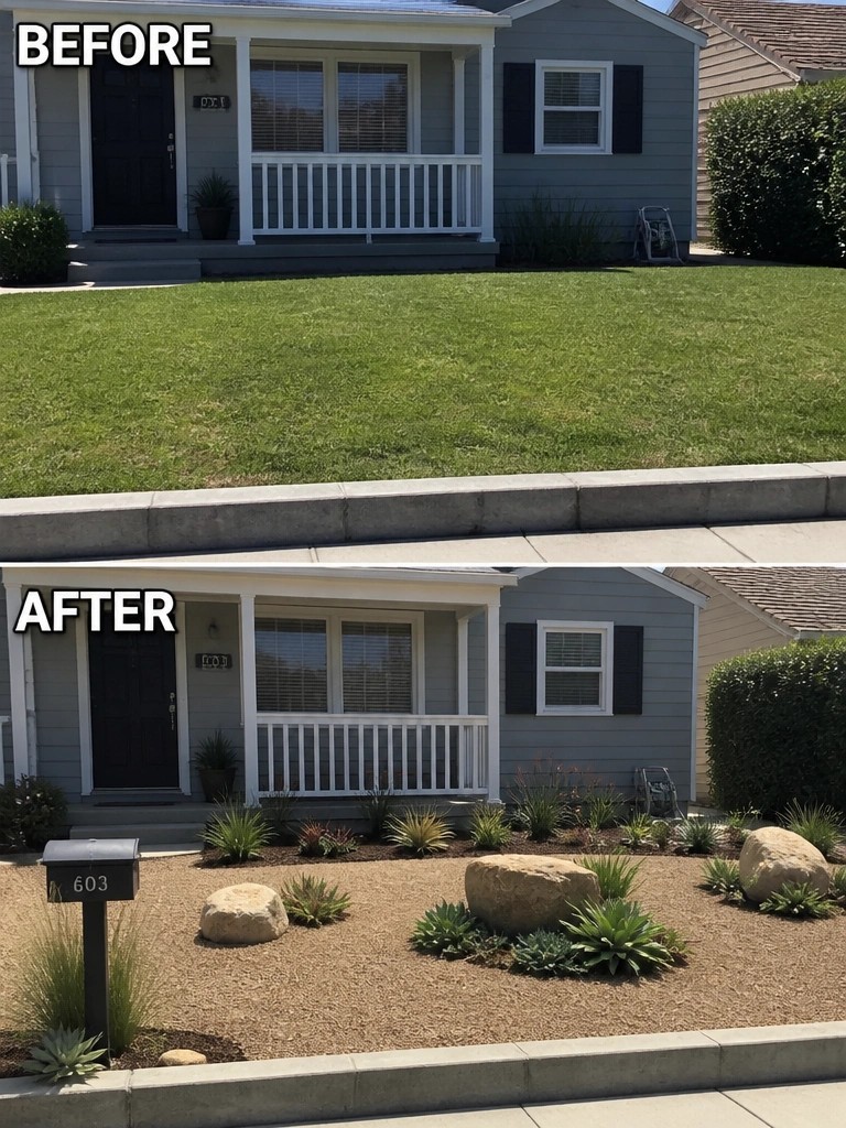 House before grassy lawn and after xeriscaped yard with gravel, rocks, succulents.