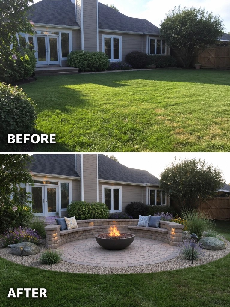 Before lush lawn and after landscaped fire pit patio in backyard.