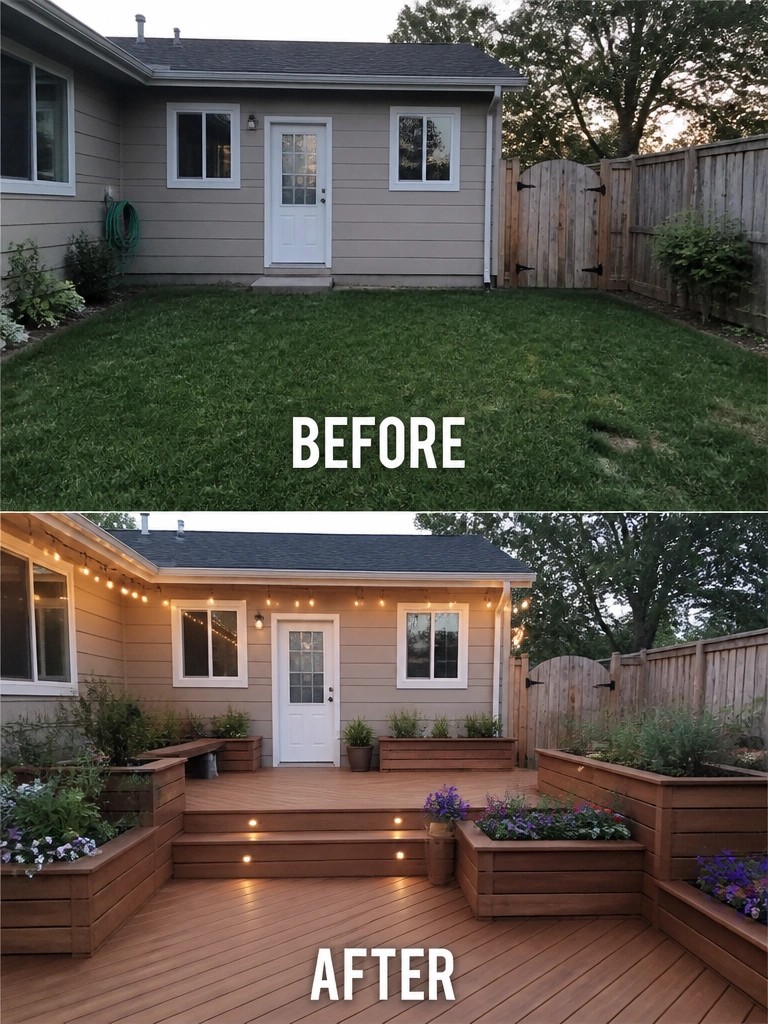 Before and after backyard makeover from lawn to lit wooden deck with planters