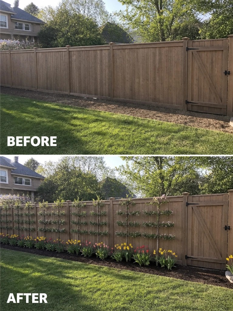 Before-and-after image of a backyard fence line changed from plain grass to a mulched garden bed with flowers and vertical planting.