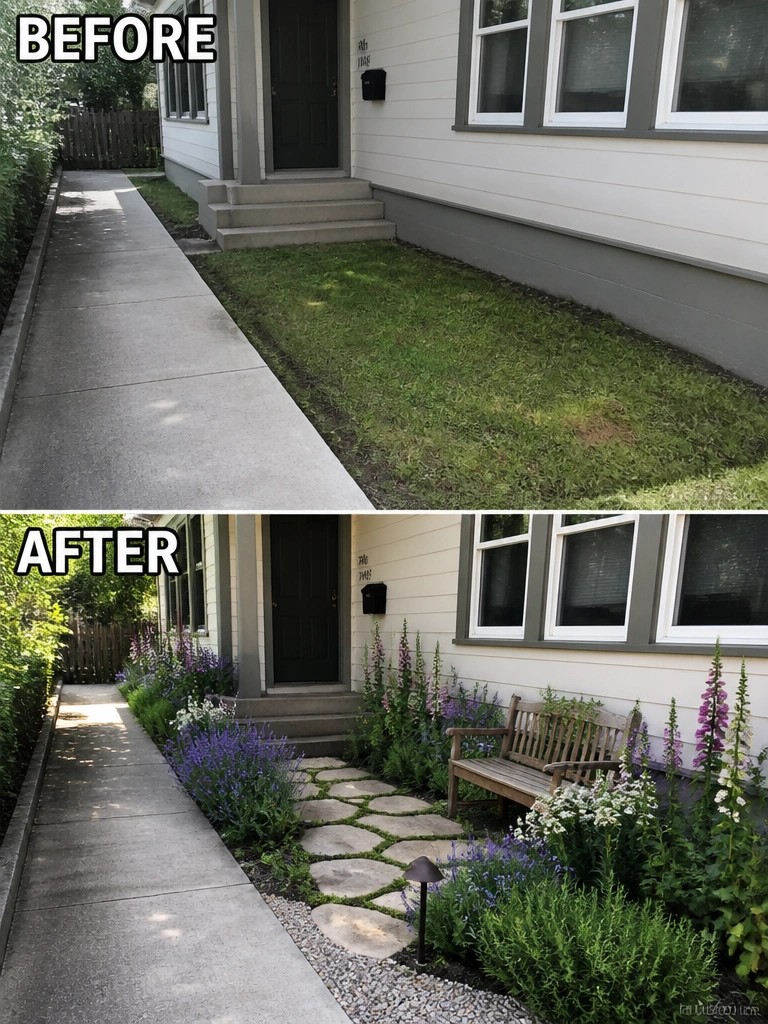 Before and after house entrance with new stone path, flowers, bench and garden beds