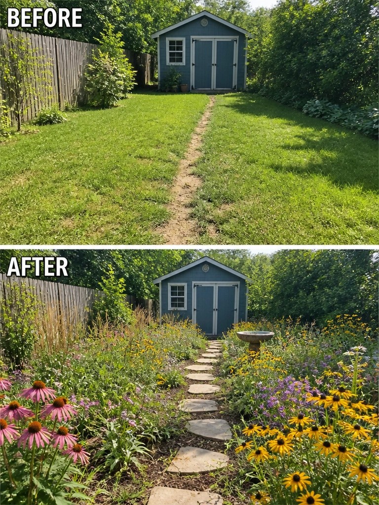 Before and after of blue shed with grass path transformed into flower-lined stone walkway