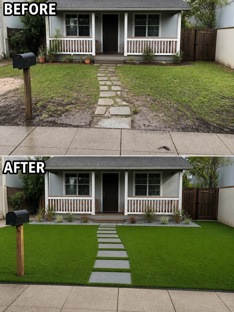 Before-and-after image of a patchy front yard transformed with uniform turf, a stone path, and gravel planting beds along the porch.