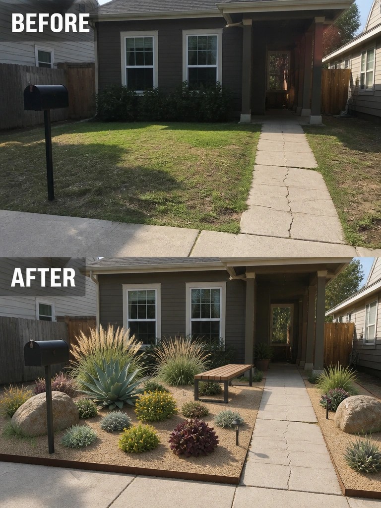 Before-and-after front yard: dry grass replaced by gravel, succulents, grasses, rocks, and bench.