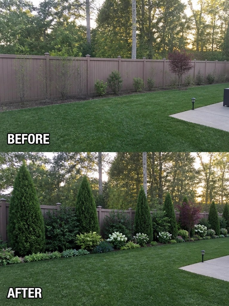 Before-and-after image of a backyard showing a plain fence with sparse shrubs changed into a full layered planting border with tall evergreens, mixed shrubs, and flowers.
